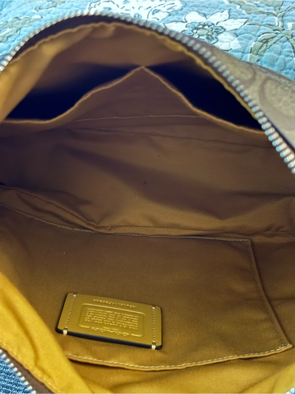 Coach Signature Canvas Leather Zip Shoulder Hobo Bag Tan Brown with Yellow Trim - Picture 7 of 11